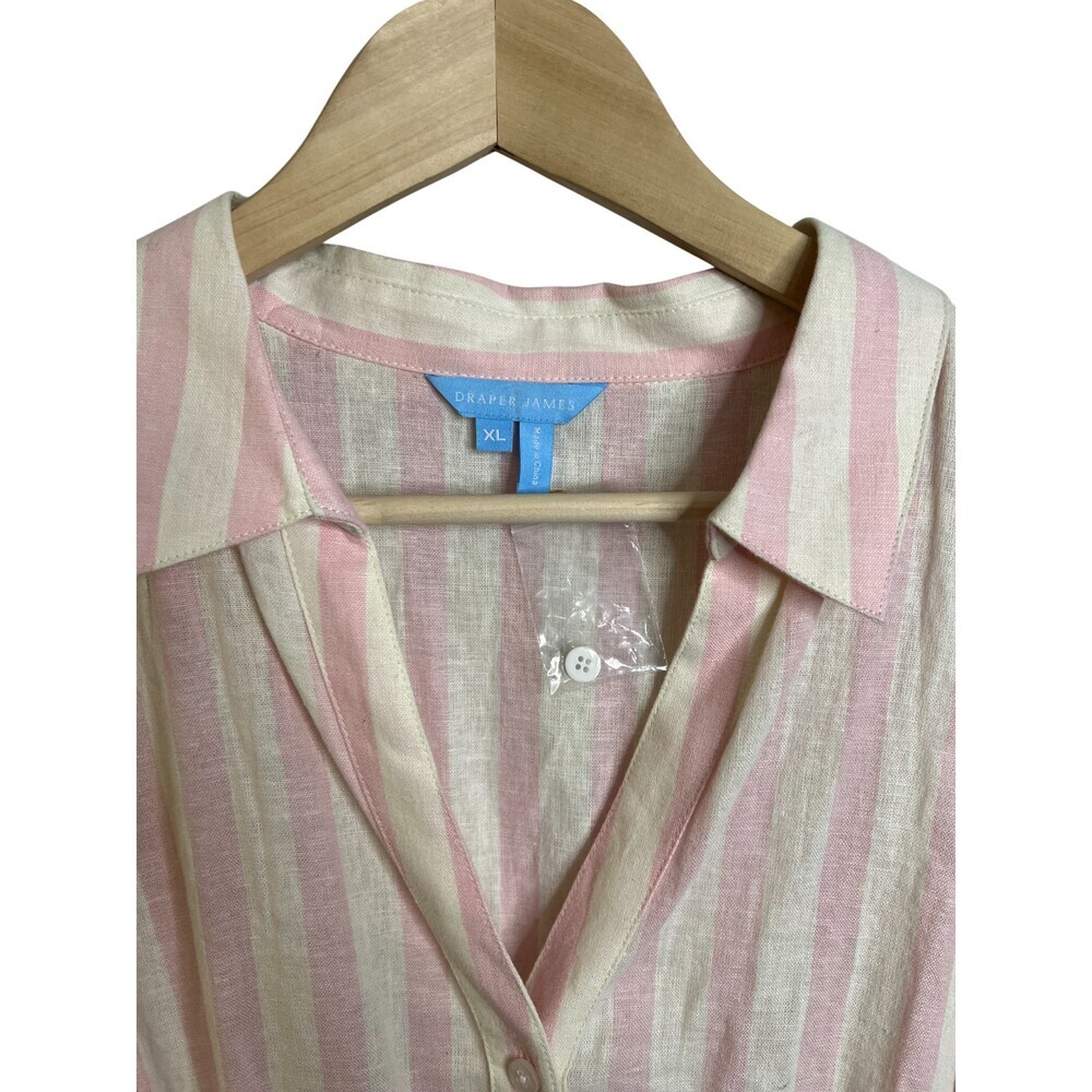 Draper James Size XL Pink Cream Stripe Linen Cotton Shirt Dress Tie Waist - Picture 3 of 5